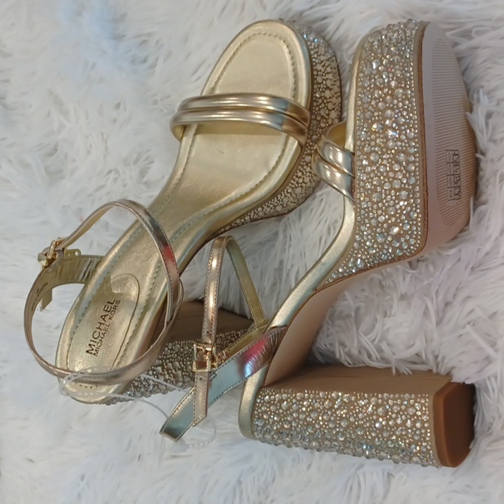 NEW Michael Kors Laci Gold crystal platform leather sandals Size 9.5 - Picture 9 of 16
